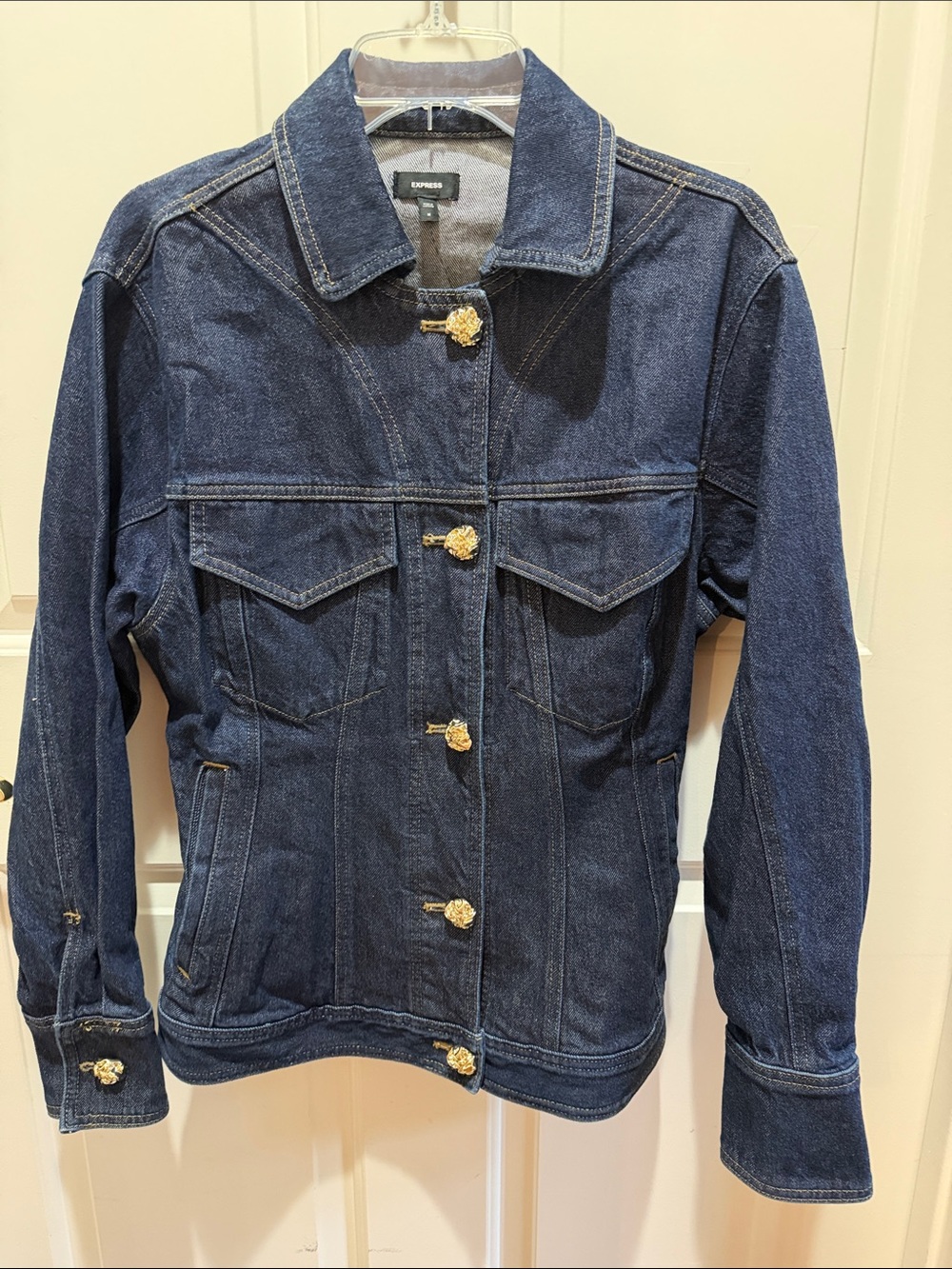 Express Dark Blue Denim Jacket with Decorative Gold Buttons
